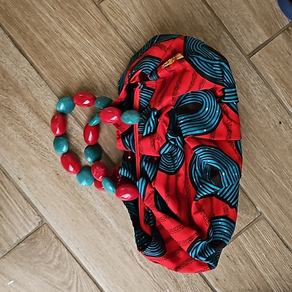 African tribal print bag beaded red and turquoise - Picture 7 of 13